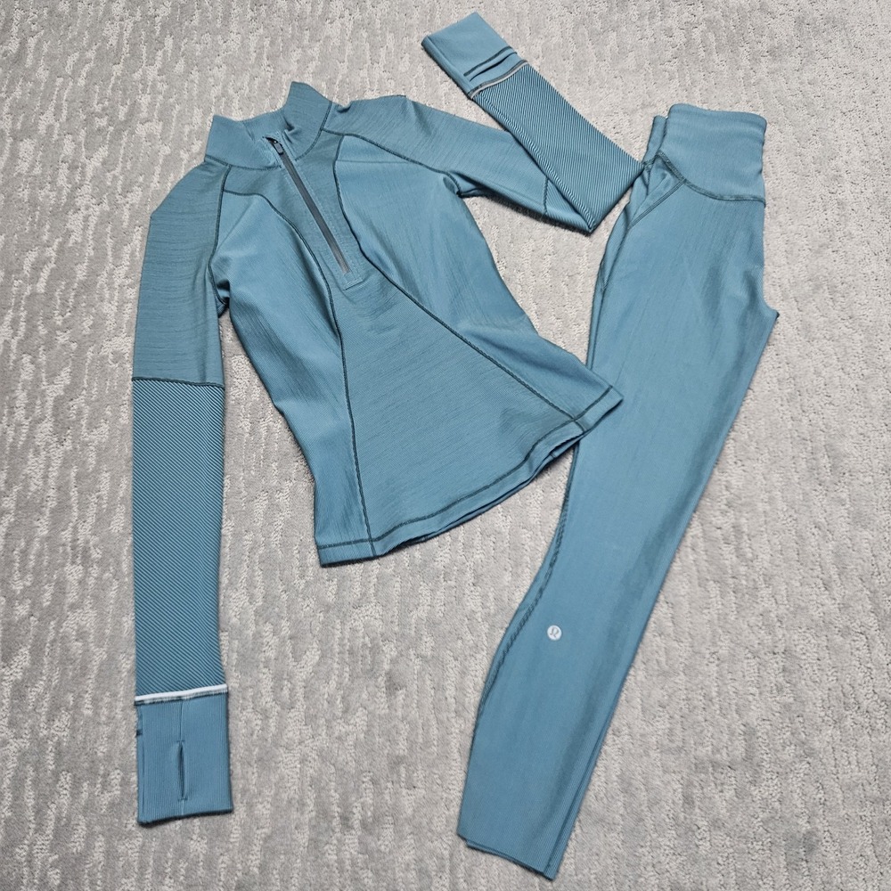 Lululemon Base Pace Outfit‎ Top Bottom Two-Tone Ribbed Green Jasper/Blue Chill 2
